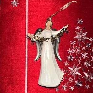 Angel Ornament Christmas Holiday Decor White Dress Silver Wings "Merry & Bright"